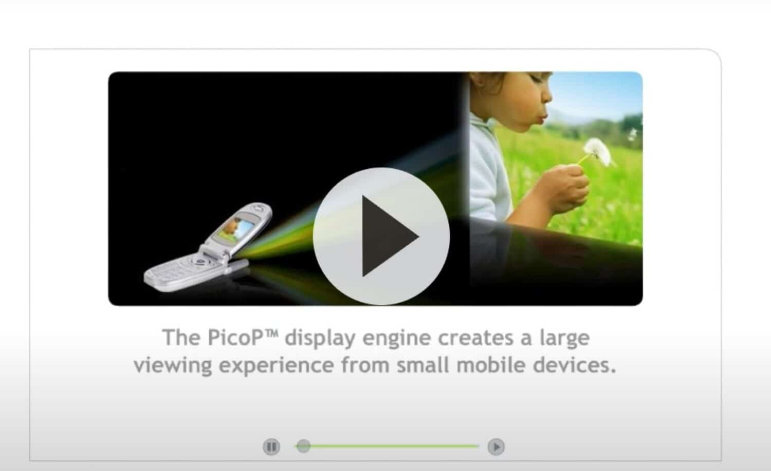 PicoP Display Engine Animation Preview with Play Button Showing Projection from a Mobile Phone