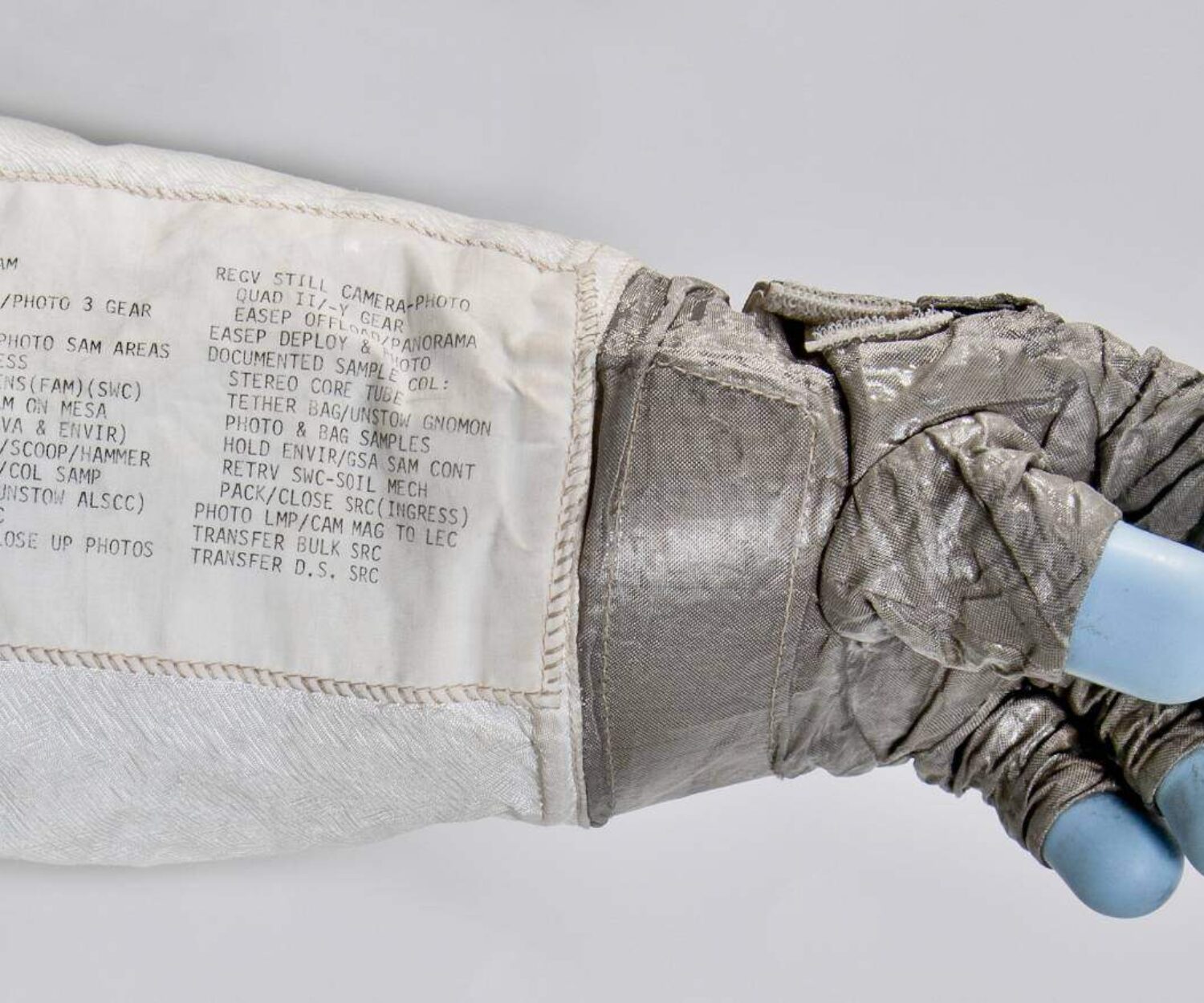 A sewn-on cuff checklist on astronaut Neil Armstrong's glove used when he walked on the moon. Photo: National Air and Space Museum