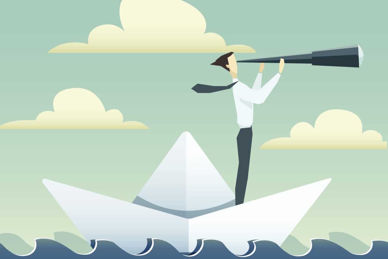 Businessman is sailing on paper boat in ocean. EPS 10 file