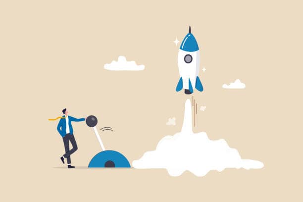Start your own business, launch success rocket or entrepreneur, startup project or boost company growth, invention concept, ambitious businessman entrepreneur push switch to launch rocket into sky.